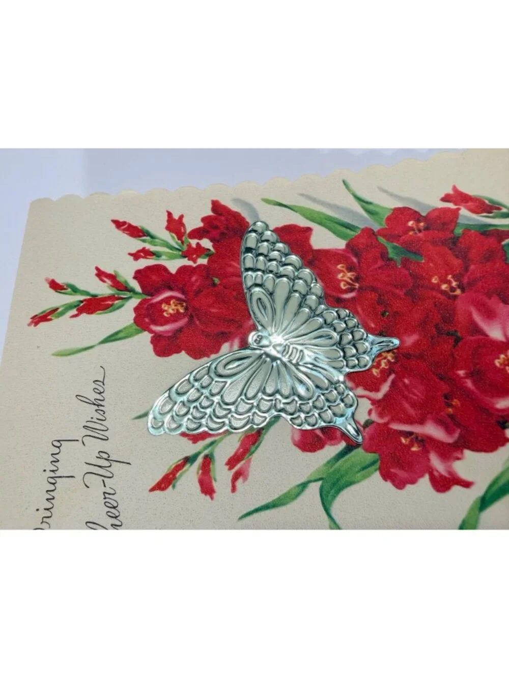 Vintage Greeting Card Silver Butterfly & Red Gladiolus Flowers Bringing Cheer-Up
